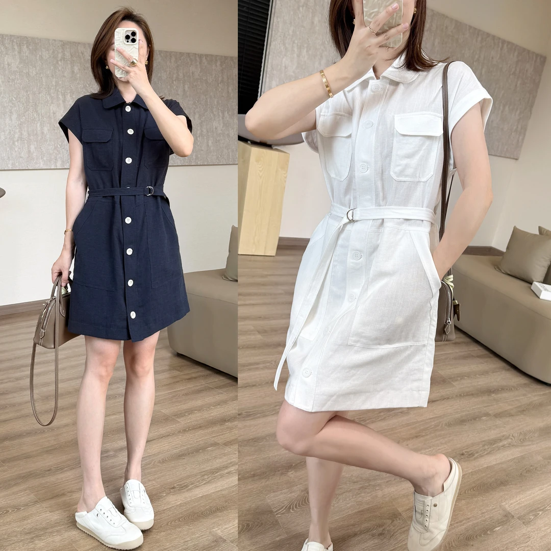 靓小靓 【高奢纽扣衬衫裙】天丝亚麻休闲连衣裙 蝙蝠袖腰带口袋短裙
