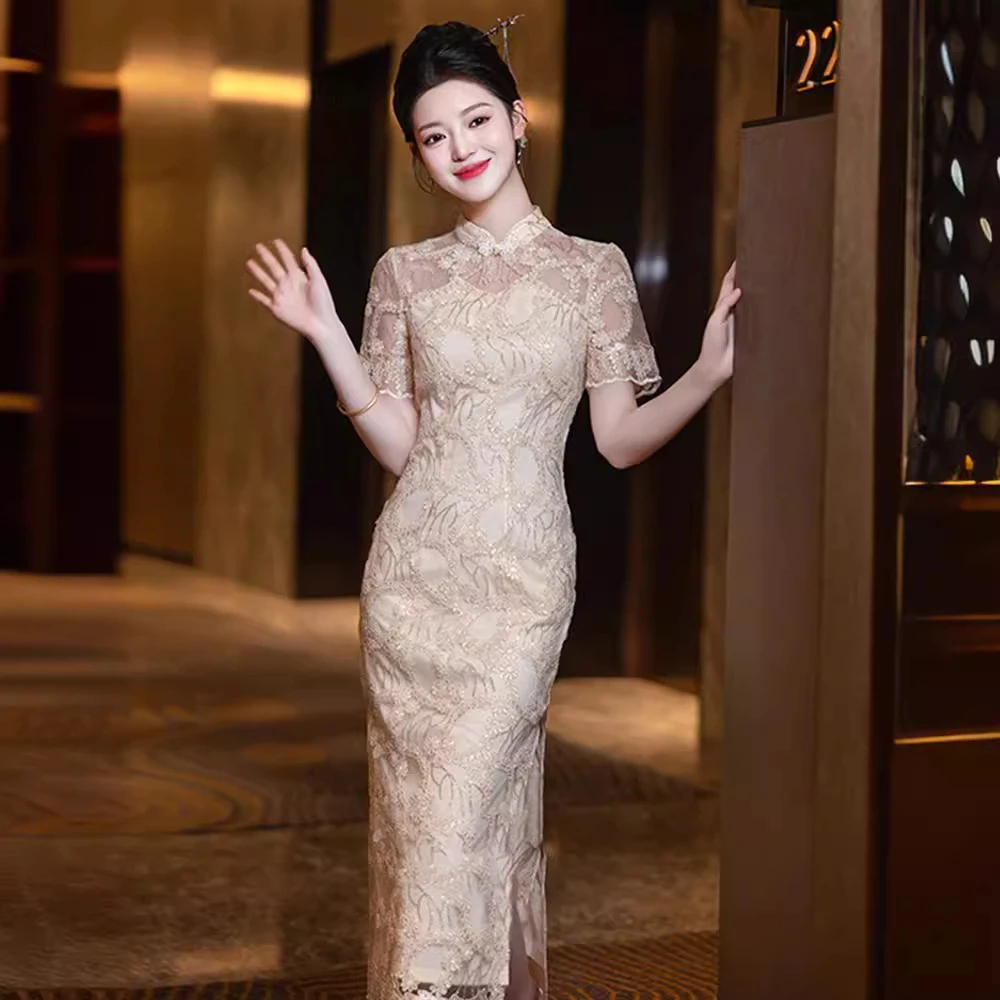 新中式订婚礼服2025新款香槟色蕾丝旗袍改良晨袍连衣裙平时可穿女