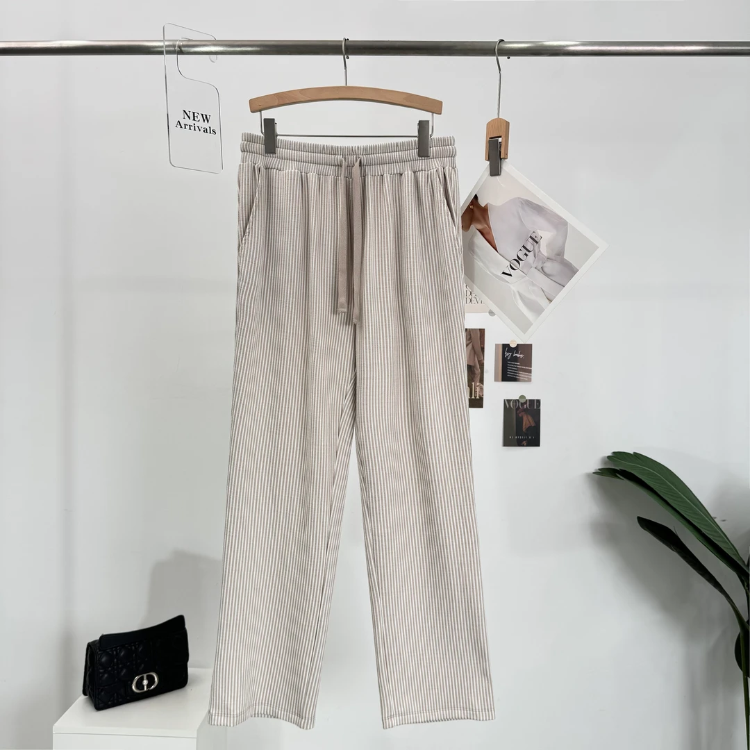 B443条纹中腰常规款慵懒风垂垂阔腿裤休闲裤百搭直筒裤长裤春夏