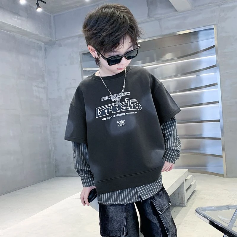 男童潮流假两件长袖卫衣春秋2025新款中大童男孩时尚洋气上衣韩版