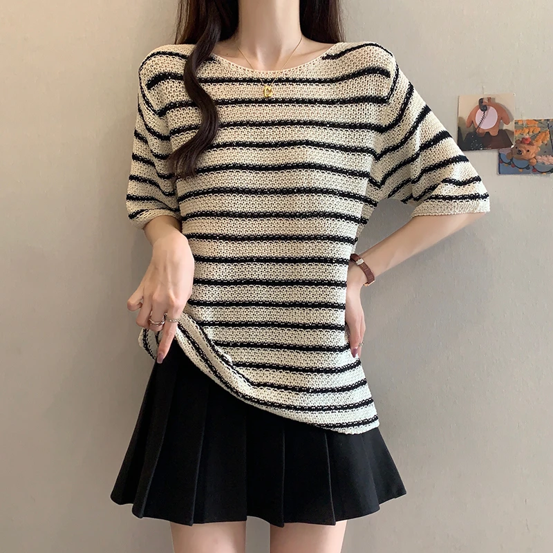 yoewshean/羽媗夏季微胖mm大码女装撞色条纹宽松显瘦短袖t恤上衣