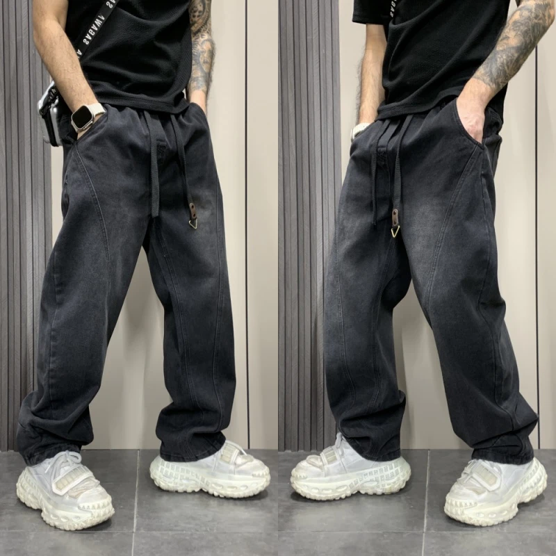 百搭复古休闲裤冬季加绒美式长裤系带牛仔裤高街直筒痞帅水洗大码