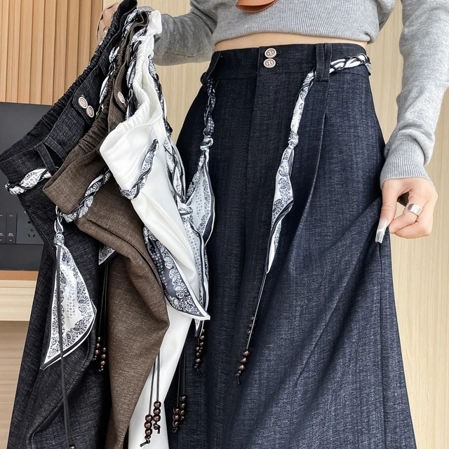 彷牛仔西装裤子女春秋2025年新款丝巾系带高腰垂感休闲宽松阔腿裤