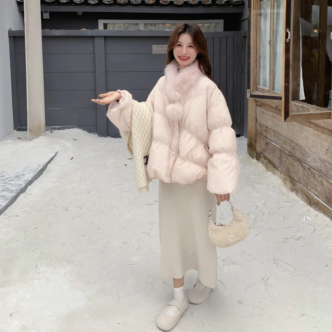 粉色真狐狸毛领羽绒服女冬季2025新款巨好看温柔风奶fufu保暖外套