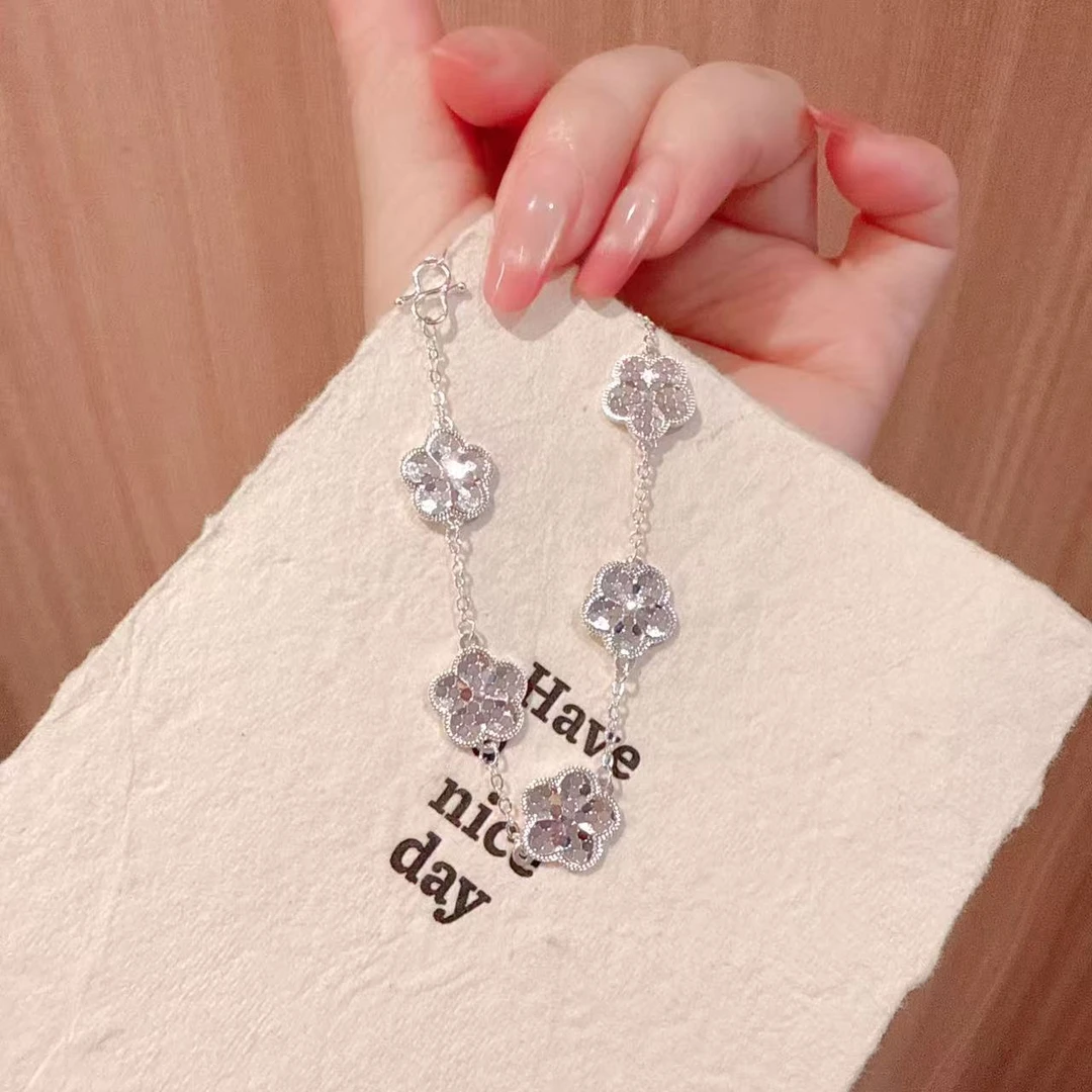 足银手链 银9999五花四叶草手链女生款轻奢小众精致镭射七夕礼物