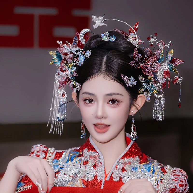 合金婚庆饰品 新娘中式秀禾银色蝴蝶造液花发钗古风婚礼发饰G0229