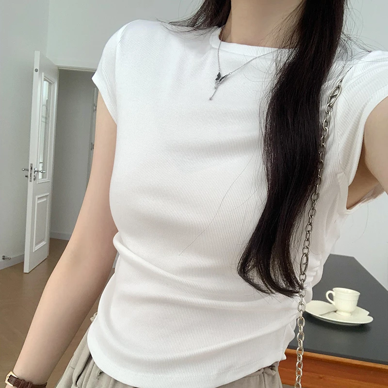 【Q】抗皱短袖短款紧身夏季纯色女T恤t恤辣妹不规则针织8890