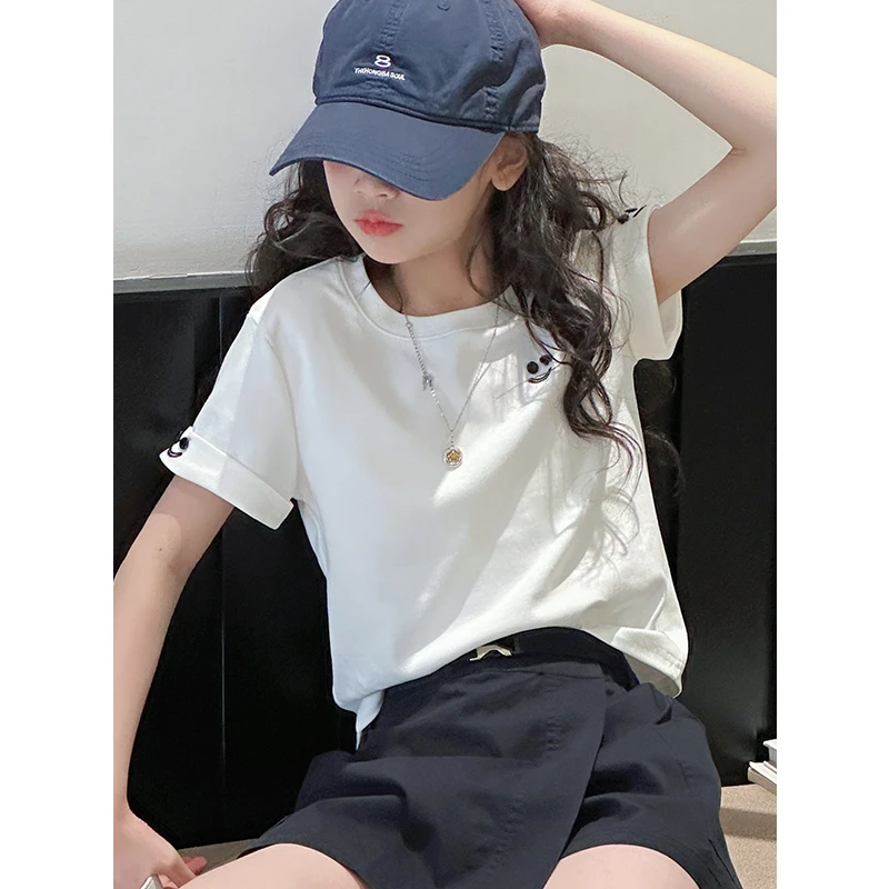 K29035刺绣女童短款T恤2025新款夏装儿童短袖上衣女大童洋气衣服t