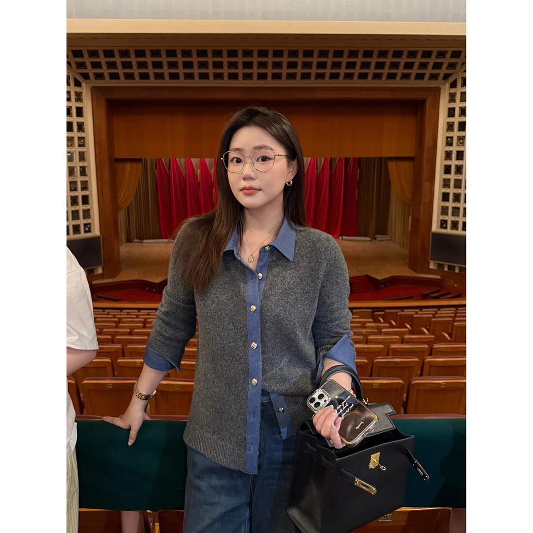 大婉酱微胖定制【知性欧尼】绵羊毛气质复古假两件毛织开衫女2741D