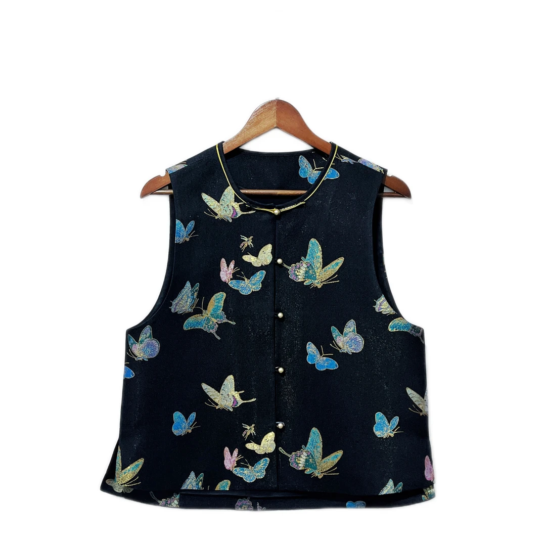 2025老宋锦高仿黑彩金晴春蝶戏圆领时尚对襟一字扣国风宋锦马甲