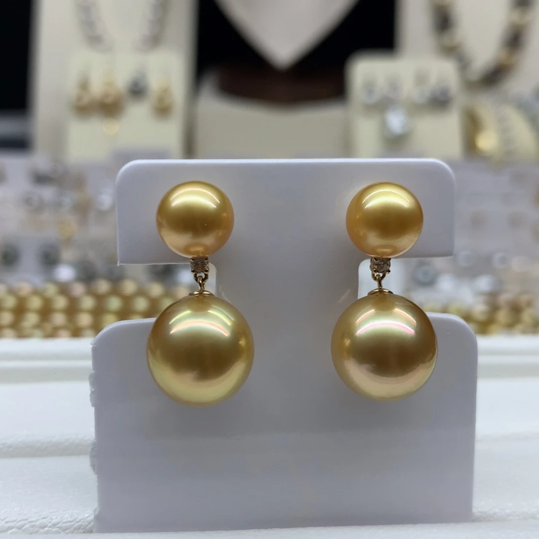 18K金镶嵌耳饰海水珍珠8.6-12mm金珠耳坠