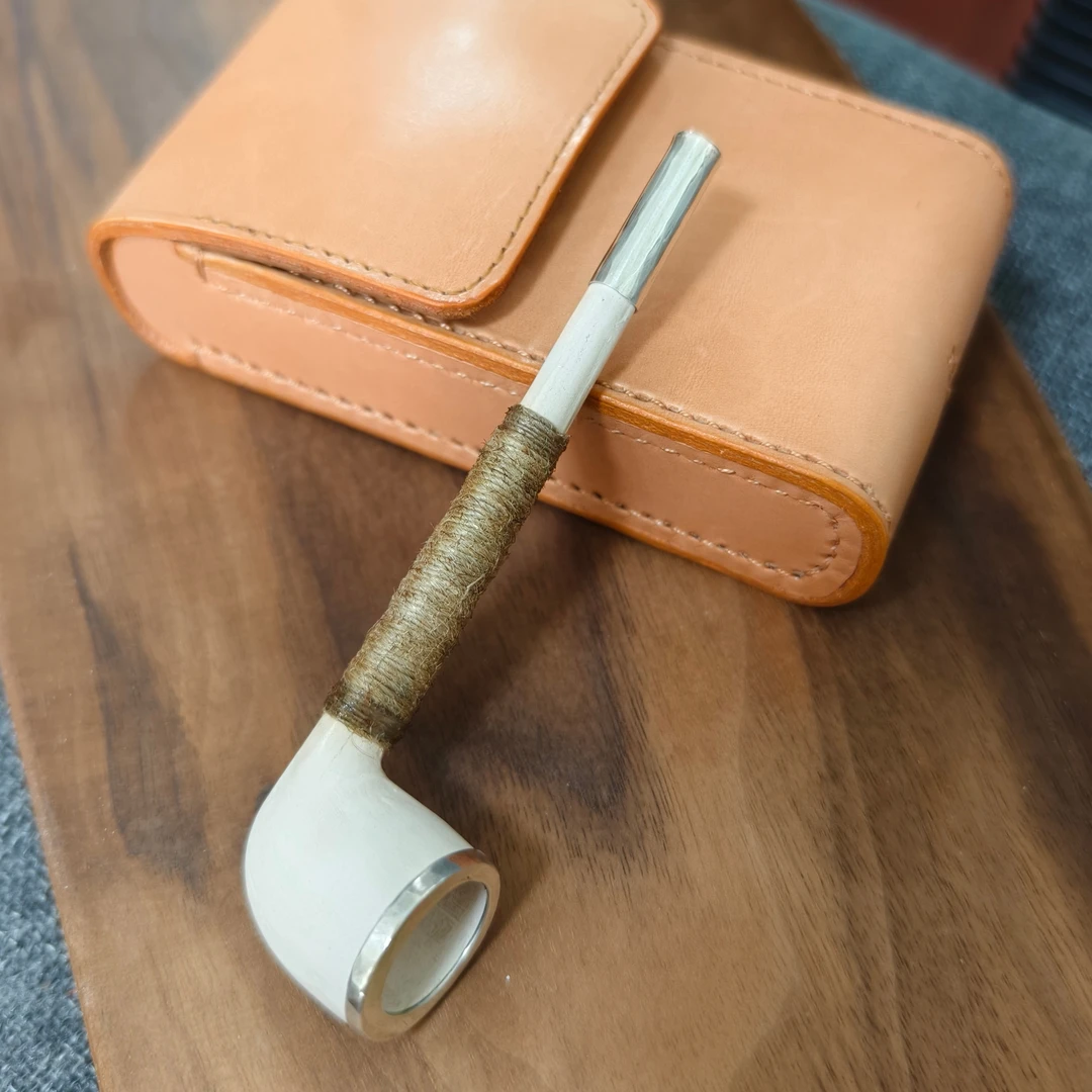 【短款】进口德国陶土烟斗改造定制手工锤纹999足银烟嘴斗钵圈便携