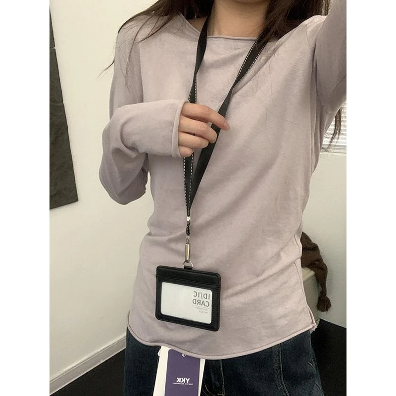 淡紫色圆领卷边打底衫内搭长袖t恤女装秋季2025新款修身纯色上衣