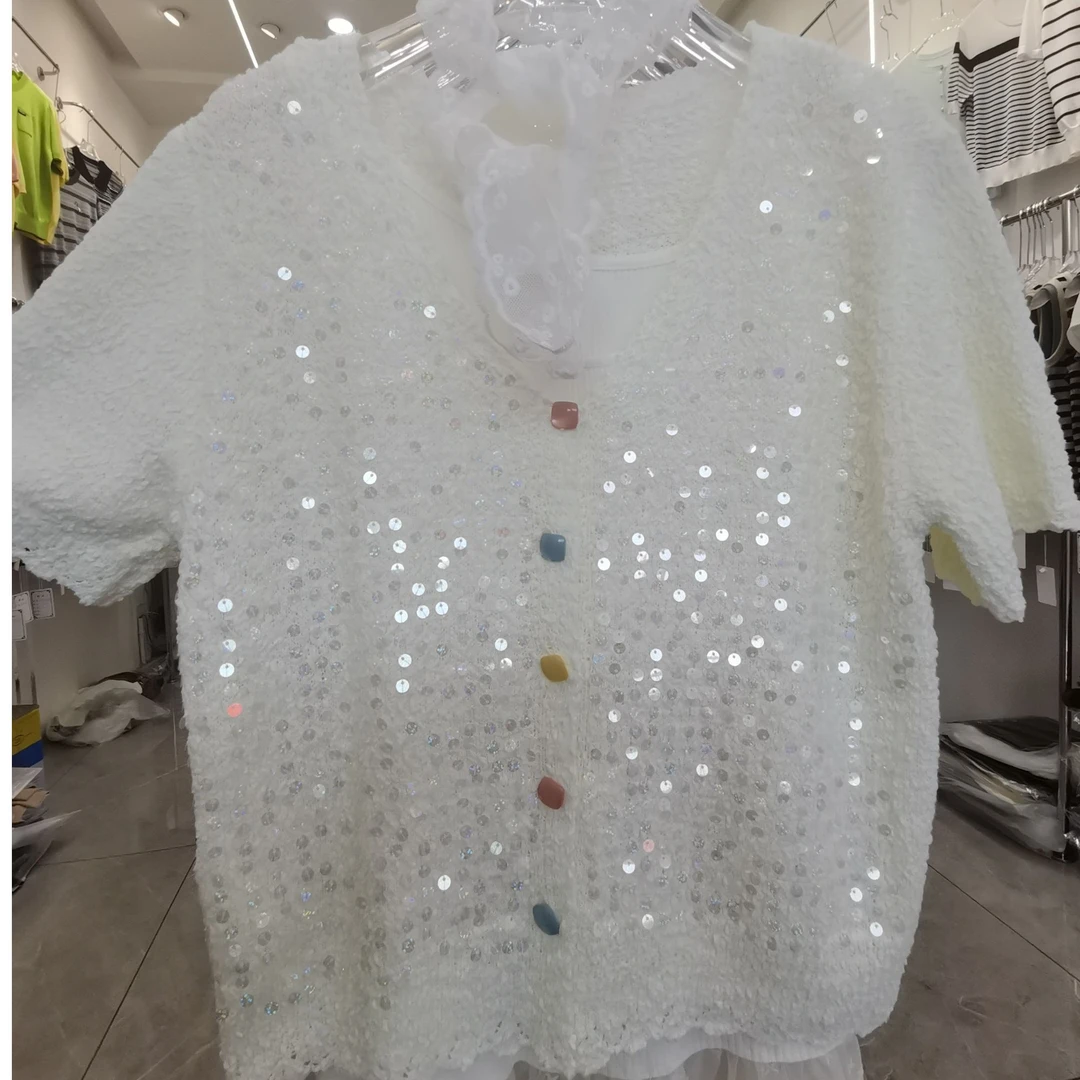 高级轻奢亮片彩扣女小香风针织镂空开衫时尚百搭