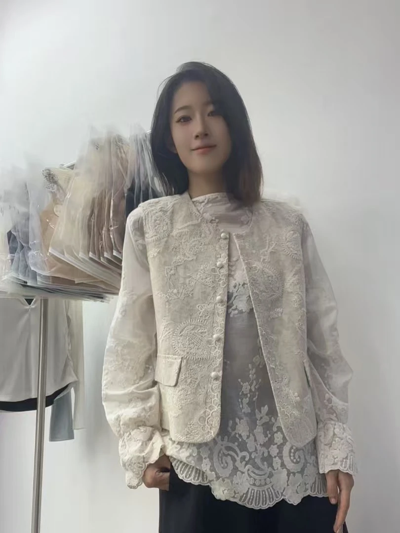 拼接马夹夏季刺绣流苏单排扣宽松型修身型蕾丝白色