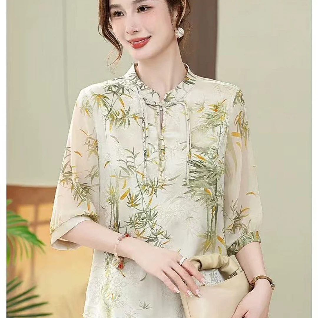 70077-2【墨竹丹青】纽扣字母碎花时尚中老年女装小衫宽松印花成熟