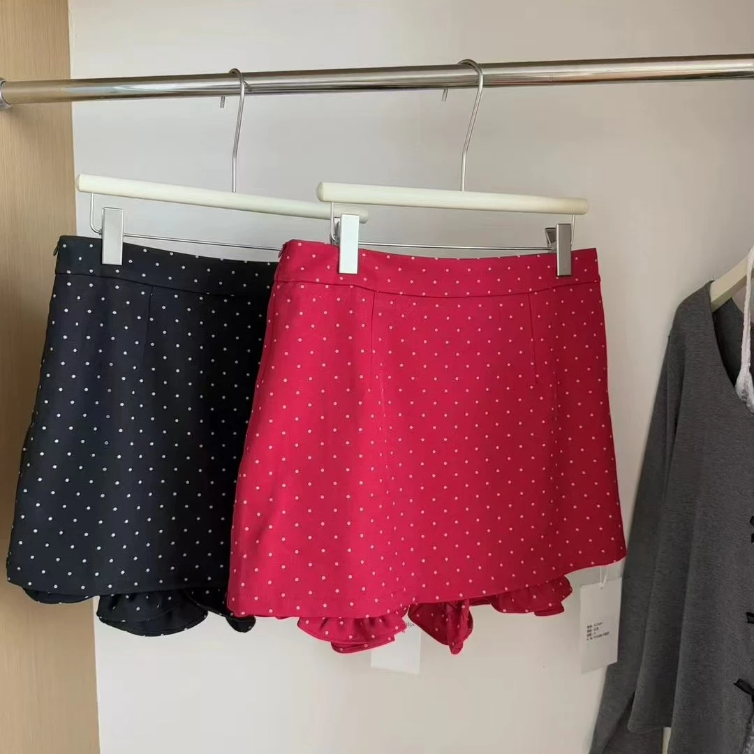 大码黑色红色波点半身裙高腰设计a字花边包臀短裙时尚A字裙春夏款