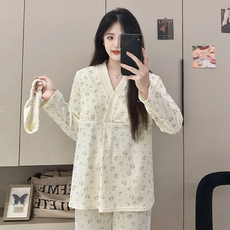 带发带孕妇月子服产后哺乳睡衣秋冬季带胸垫保暖德绒产妇喂奶家居