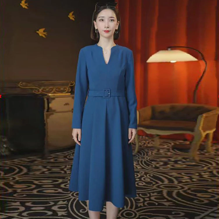 6059【释上•SHISARIG】女连衣裙收腰褶皱裙子显瘦气质长裙时尚秋季