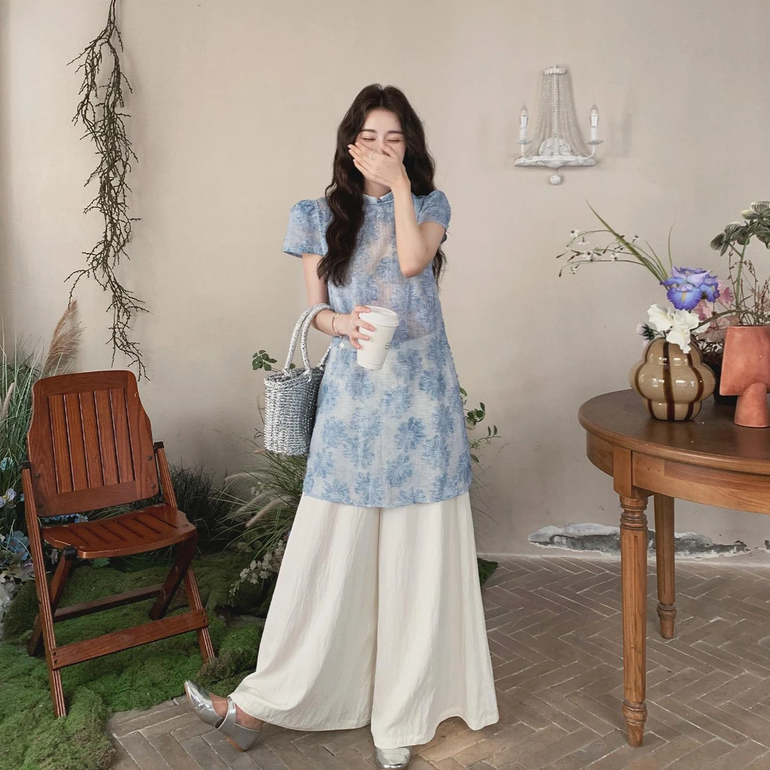 新中式国风一整套穿搭女2025夏季新款精致绣花盘扣上衣阔腿裤套装
