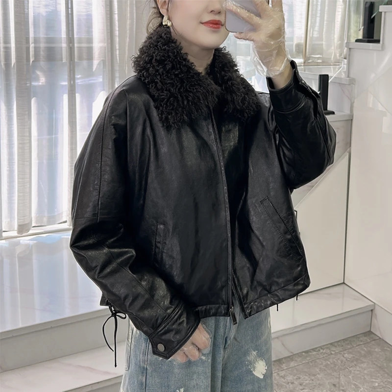 欧货2025新款托卡羊毛领真皮皮衣女短款鹅绒服植羊皮羽绒服外套