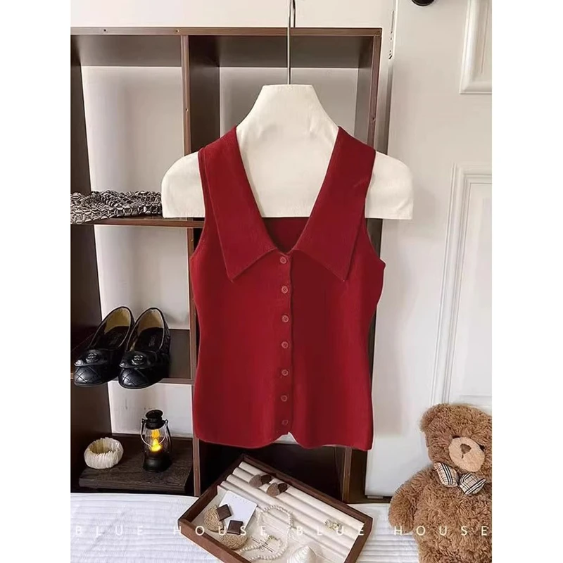 红色polo领背心马甲女夏外穿安可雷穿搭修身冰丝针织坎肩无袖上衣
