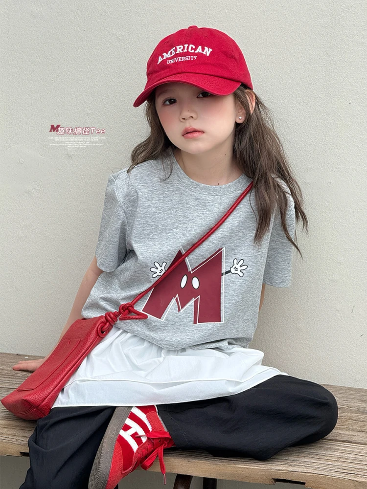 女童2025夏季新款中大童运动风字母短袖T恤J52G2101