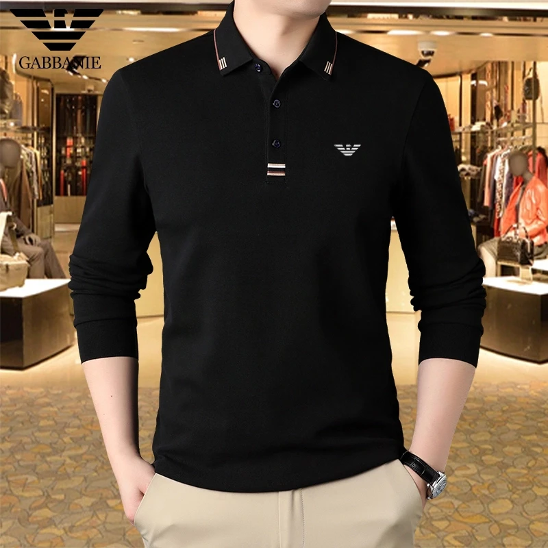 轻奢品牌100%纯棉长袖T恤男士秋冬新款商务休闲翻领打底POLO衫男
