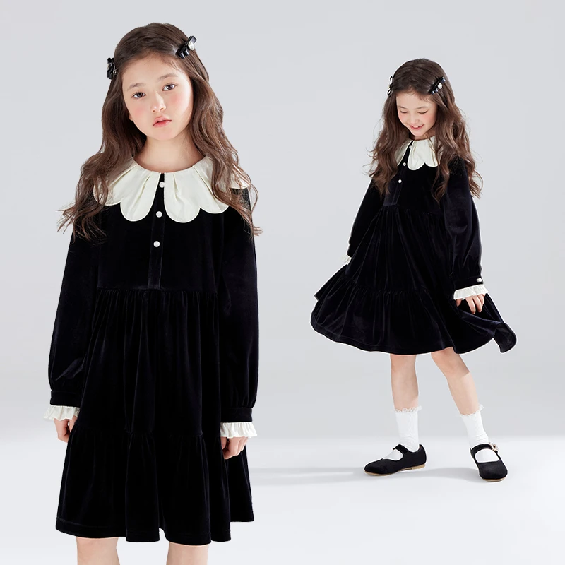 法式黑色丝绒连衣裙花瓣领公主甜美礼服派对冬女童M44XQ3032