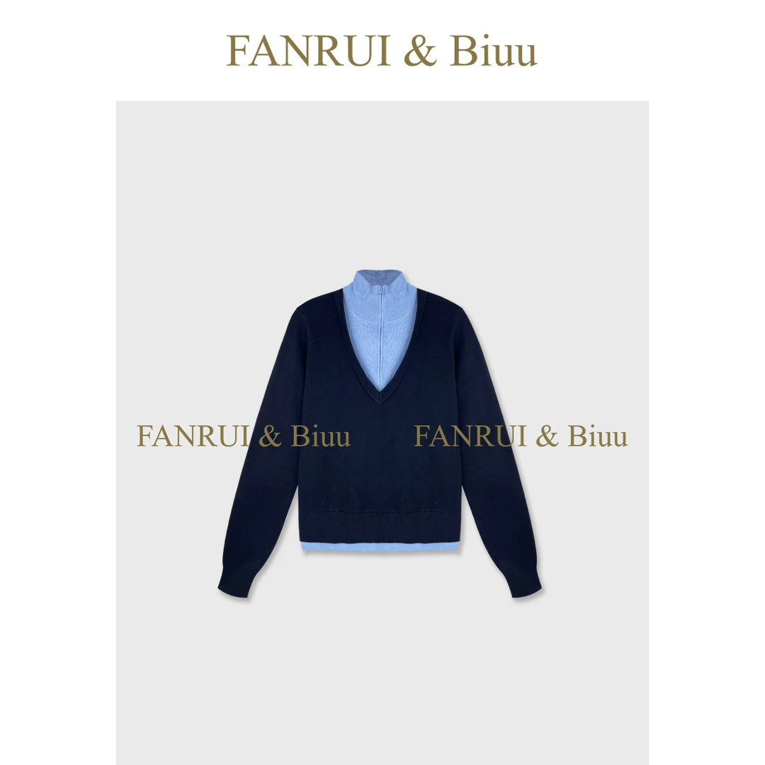 FANRUI/泛芮 「伪层叙旧」羊毛撞色拼接两件设计洋气针织上衣B19289