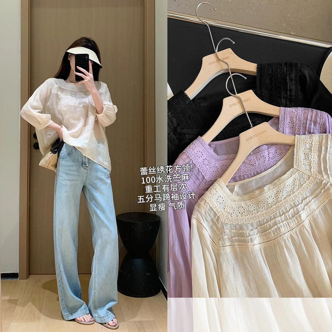 苎麻小衫 蕾丝绣花100水洗苎麻五分袖衬衫显瘦方领衬衣夏602528