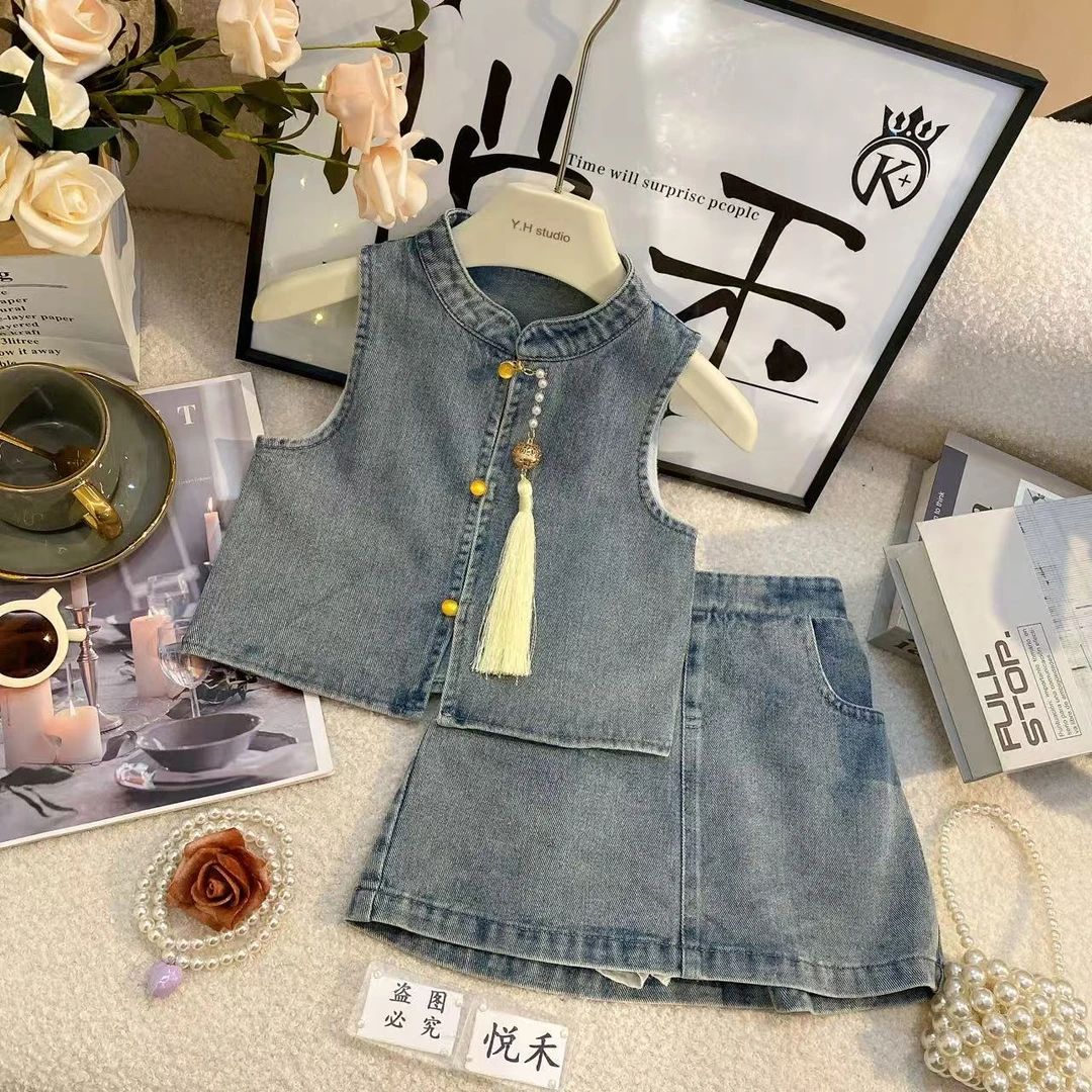 T1夏款2025上新女童中国风牛仔上衣休闲时尚女宝套装8415