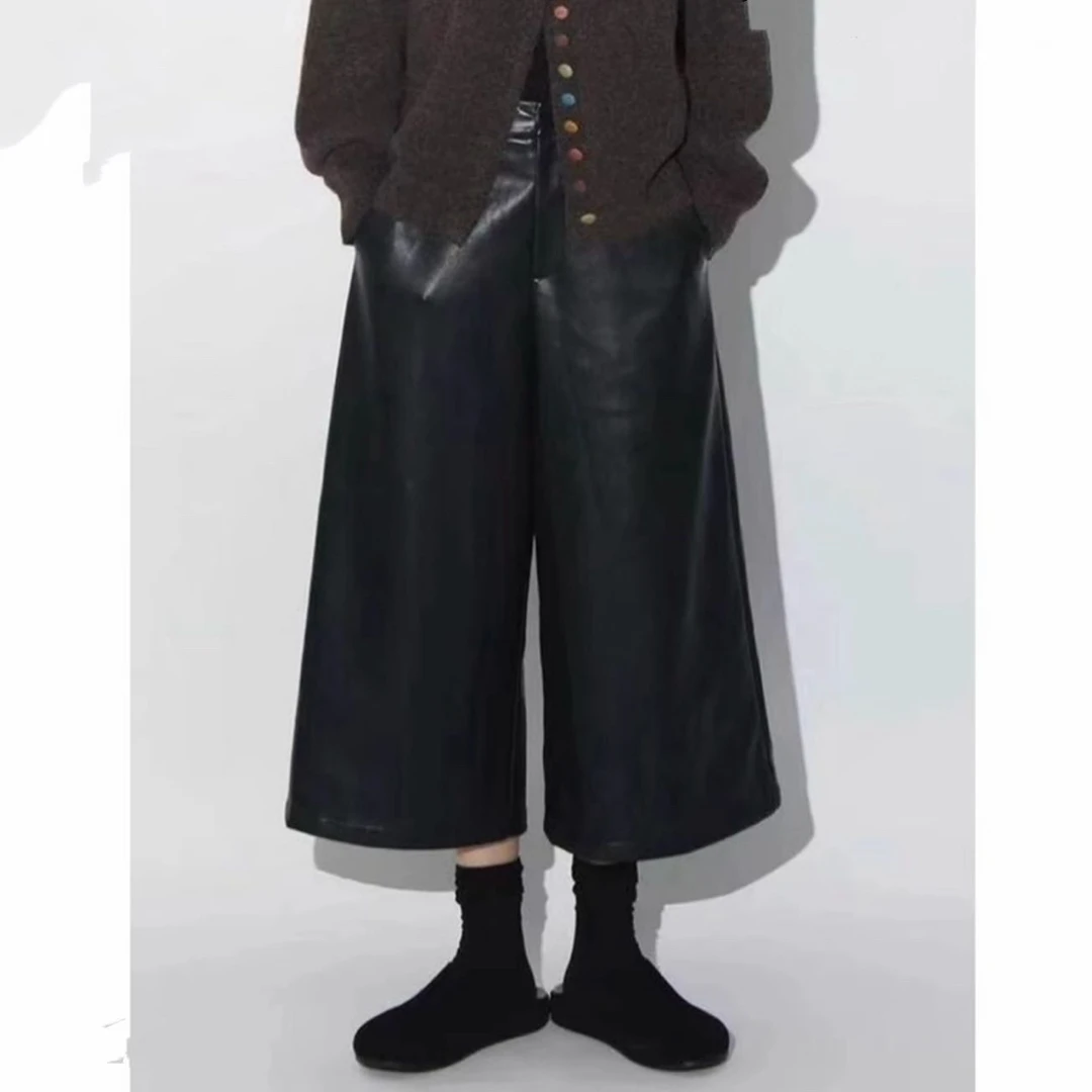 春季新款蛋白软皮高腰八分阔腿裤