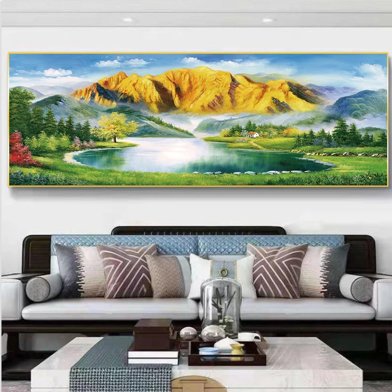 （背靠金山横幅）新中式山水客厅沙发壁画晶瓷客厅挂墙壁画