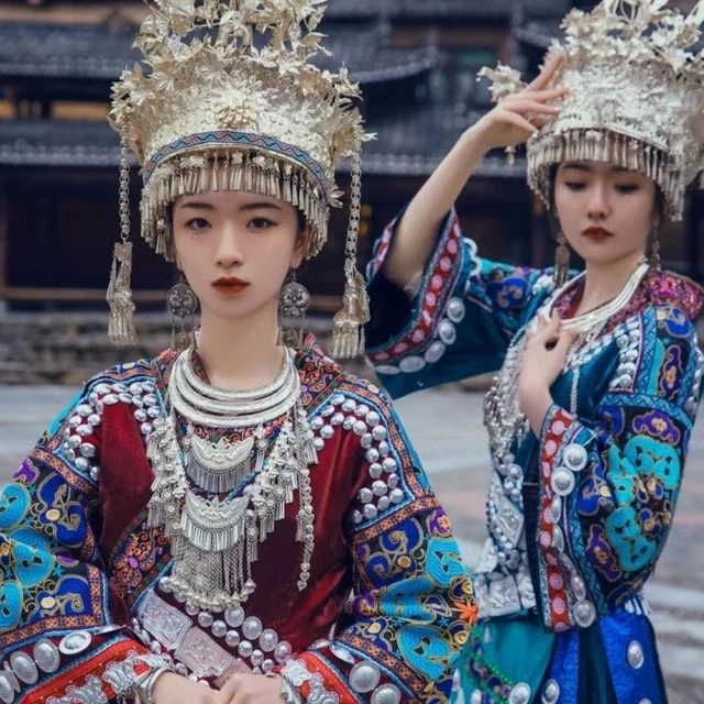 贵州苗族苗银头饰帽子项圈纯手工苗族银饰帽子演出服民族配饰服装