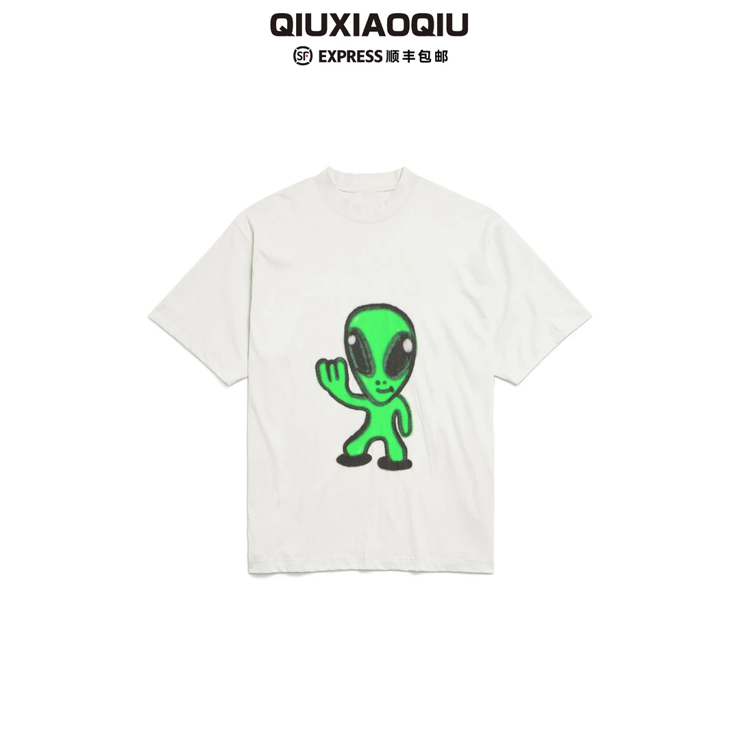 【Qiuxiaoqiu】25ss巴黎夜光外星人溶解笑脸水洗做旧宽松短袖T恤潮