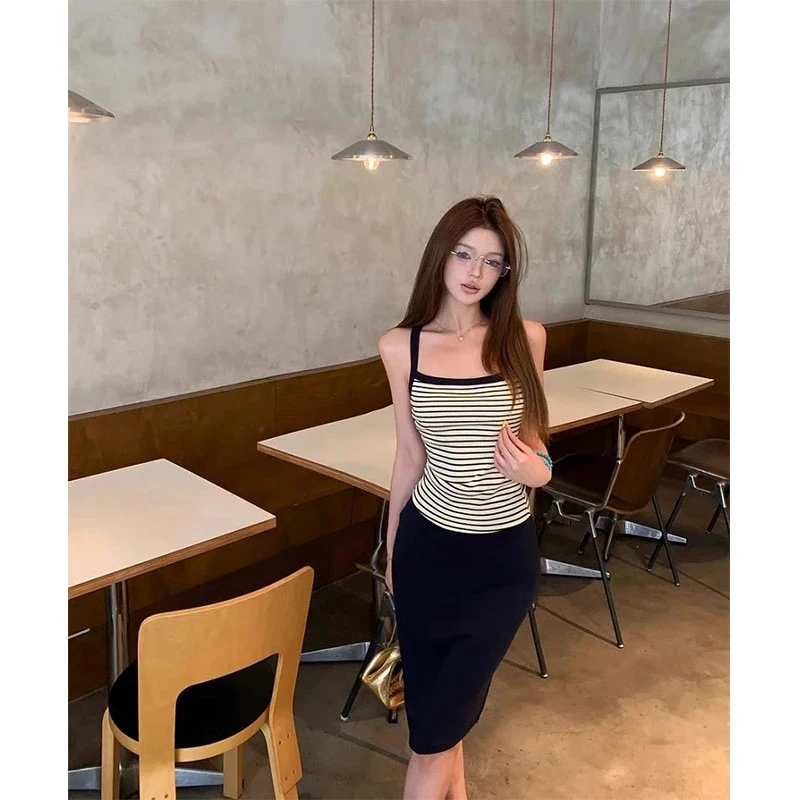 纯欲风设计感条纹撞色背心吊带女装夏季高腰显瘦包臀半身裙两件套