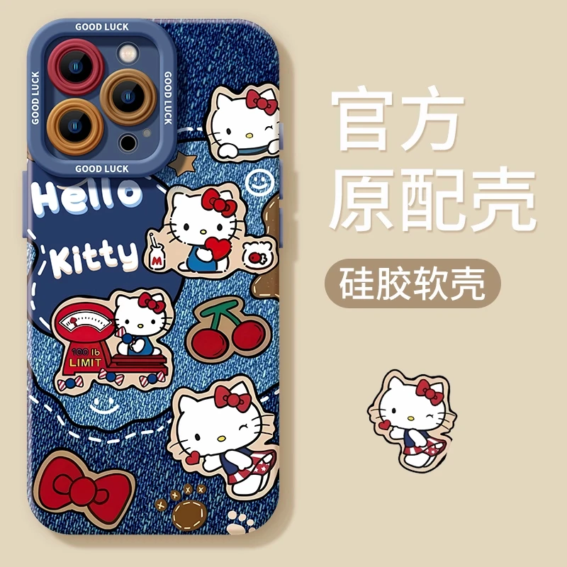 复古牛仔kt适用苹果16手机壳16promax凯蒂猫iPhone13硅胶软壳