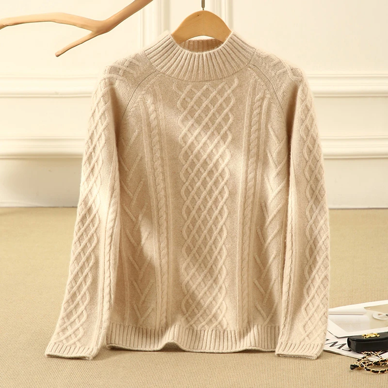 【不议价】女士420克纯山羊绒7针半高领三股针织长袖全身绞花套头衫