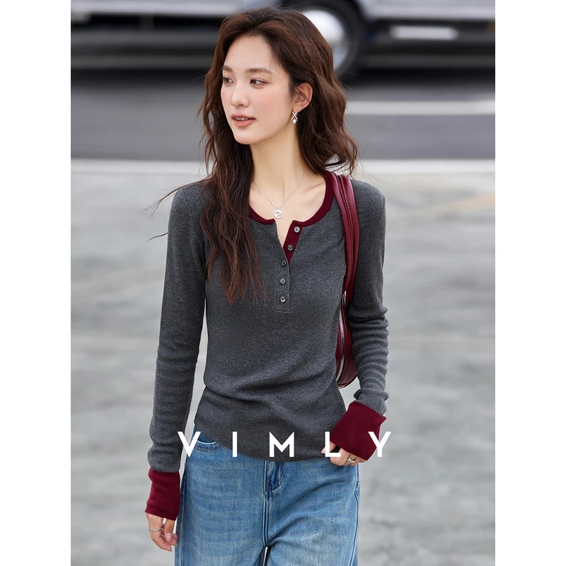 M梵希蔓撞色圆领针织衫女秋季修身显瘦百搭打底上衣75201