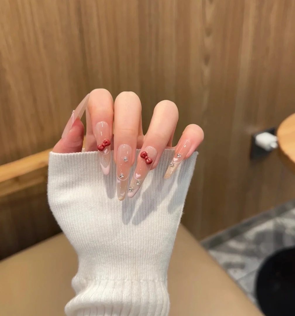 【爱意泡泡】纯手工穿戴甲冰透腮红香槟色猫眼渐变白色法式蝴蝶结