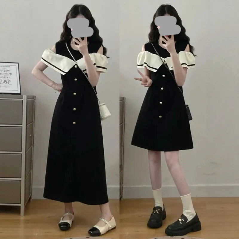 高级感黑色一字肩正肩连衣裙2025夏季新款大码胖mm小香风露肩裙子