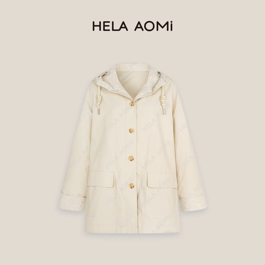 HELAAOMI “绣花风衣”蕾丝拼接大口袋连帽抽绳外套上衣CY5AM00558