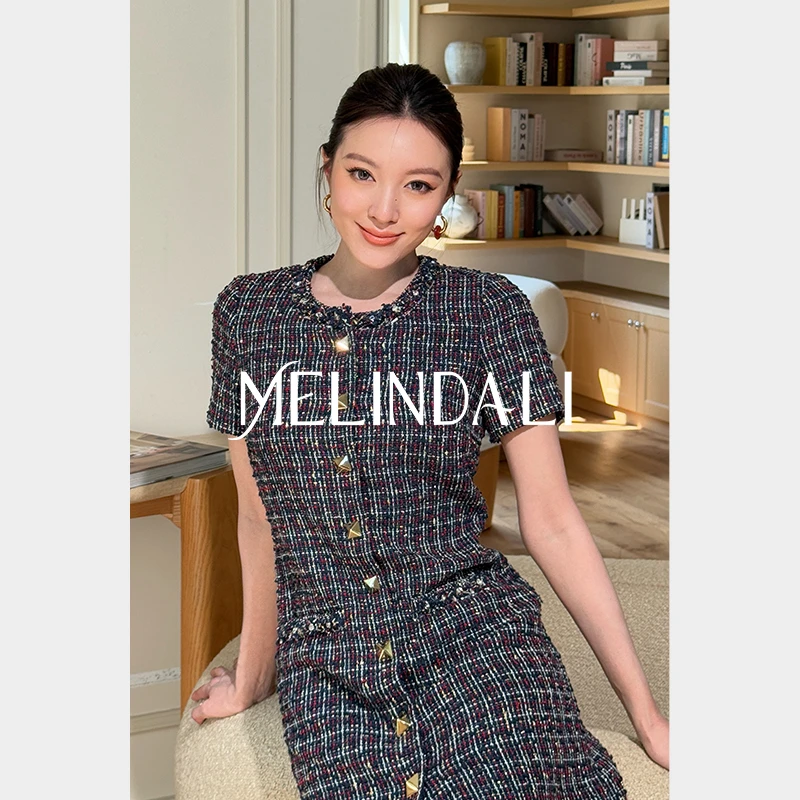 Melinda Li【米兰达】法式优雅小香风格纹真丝里圆领短袖连衣裙