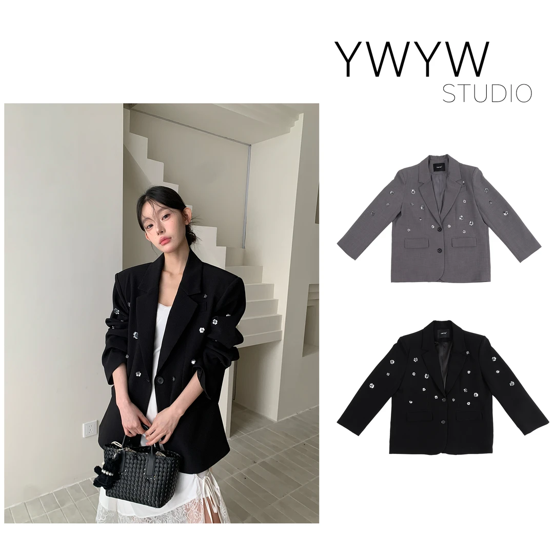 【YWYW25SS/S】春季手工亮片“钉花工艺”韩版宽松西装外套A8220