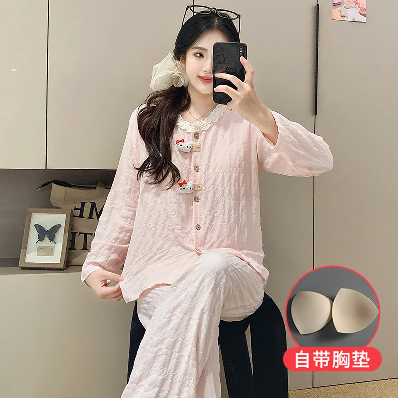 少女带胸垫睡衣新款秋季长袖万年格卡通玩偶学生宿舍家居服套装
