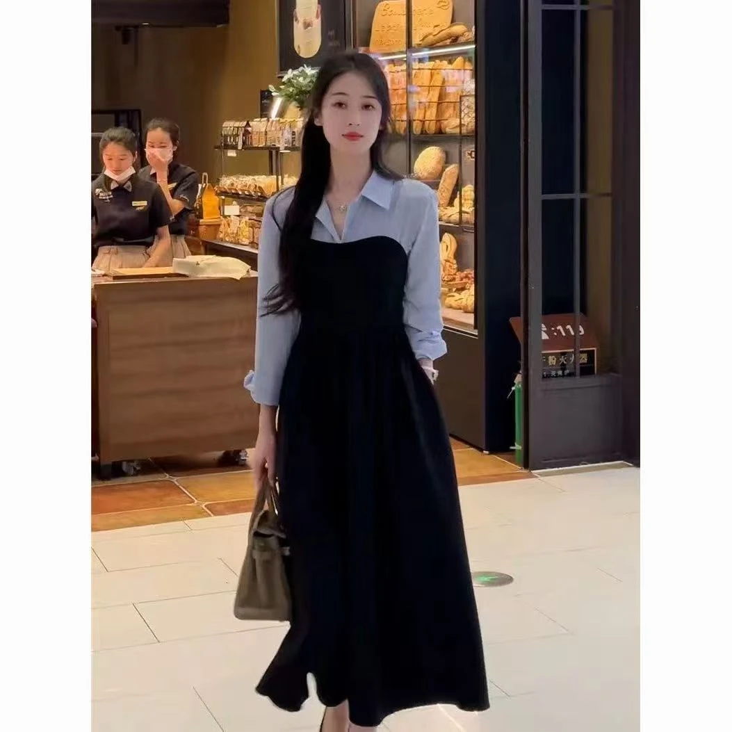 法式高端气质女神高级感小黑裙赫本风衬衫假两件连衣裙大码春秋款