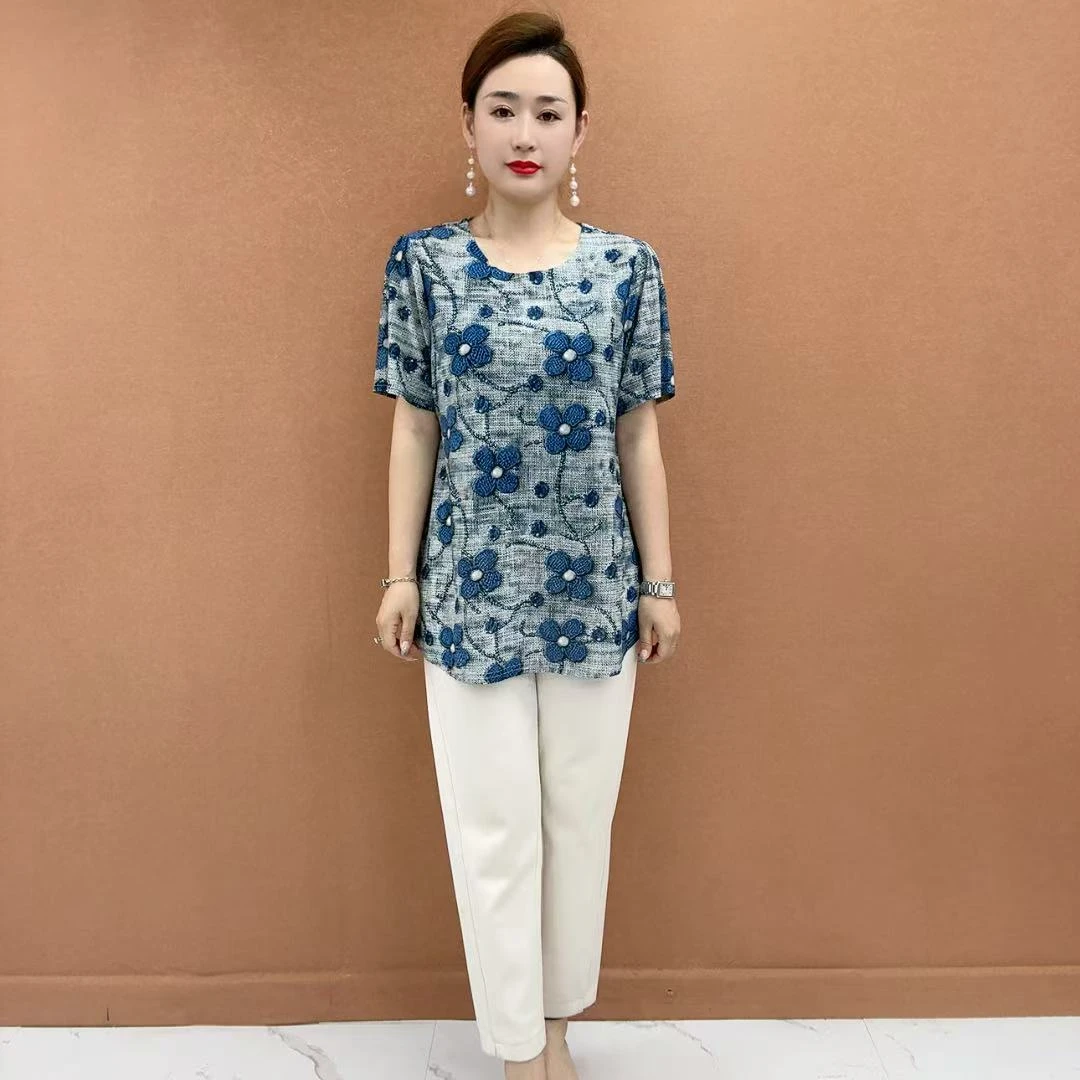 妈妈装夏季宽松百搭小衫显瘦遮肚中老年中袖印花气质加肥加大上衣