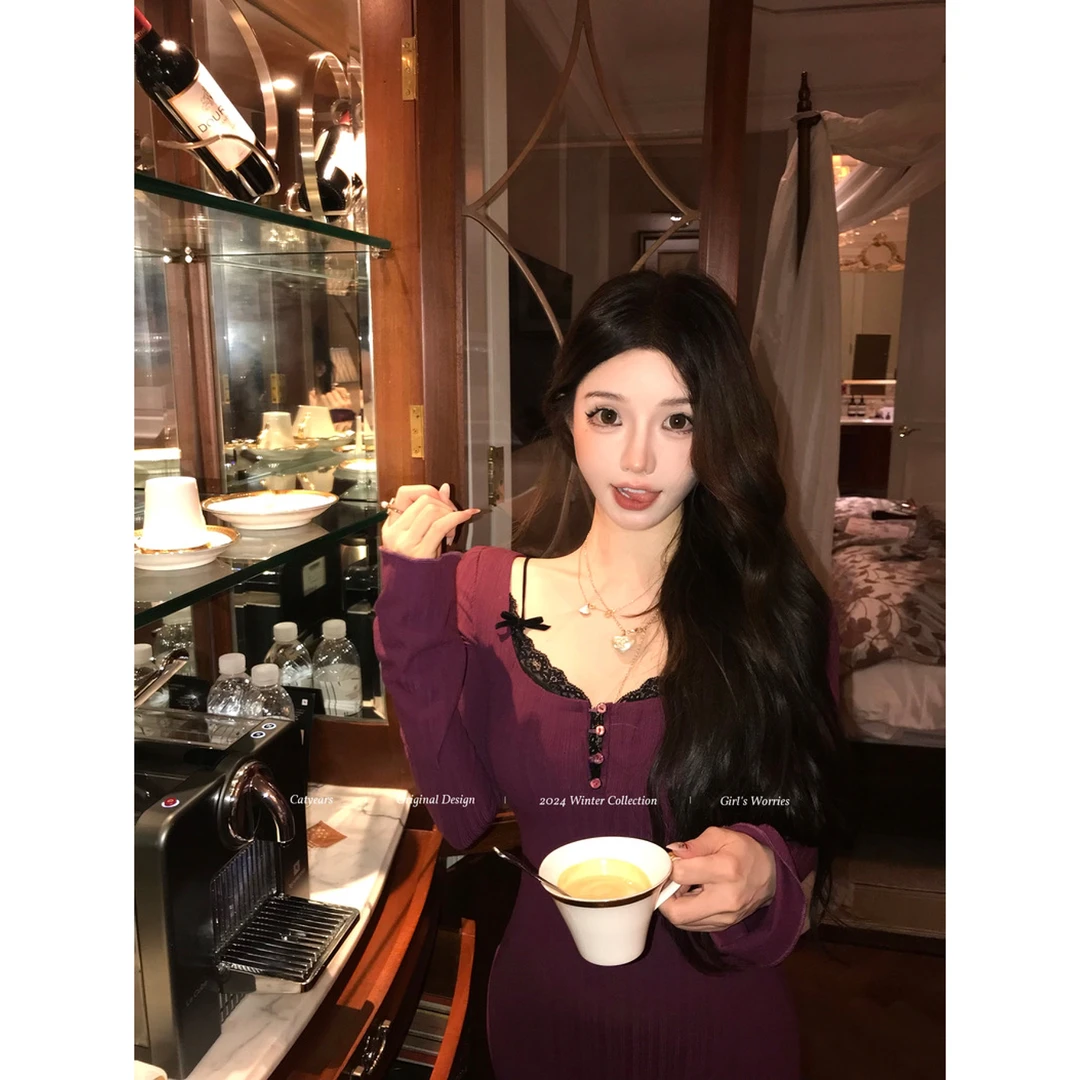 Catyears猫年【娇娇紫韵】蕾丝假两件修身连衣裙女冬季气质鱼尾长裙