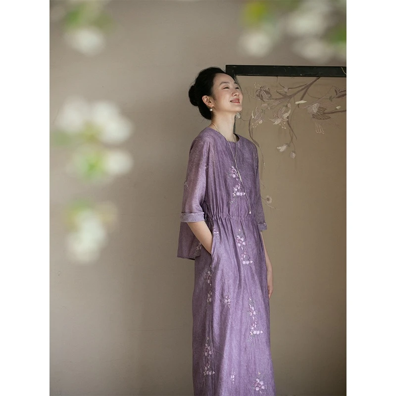 【匠染炒色】牧衣游原创夏季丝棉匹绣设计感气质假两件裙子 字字双